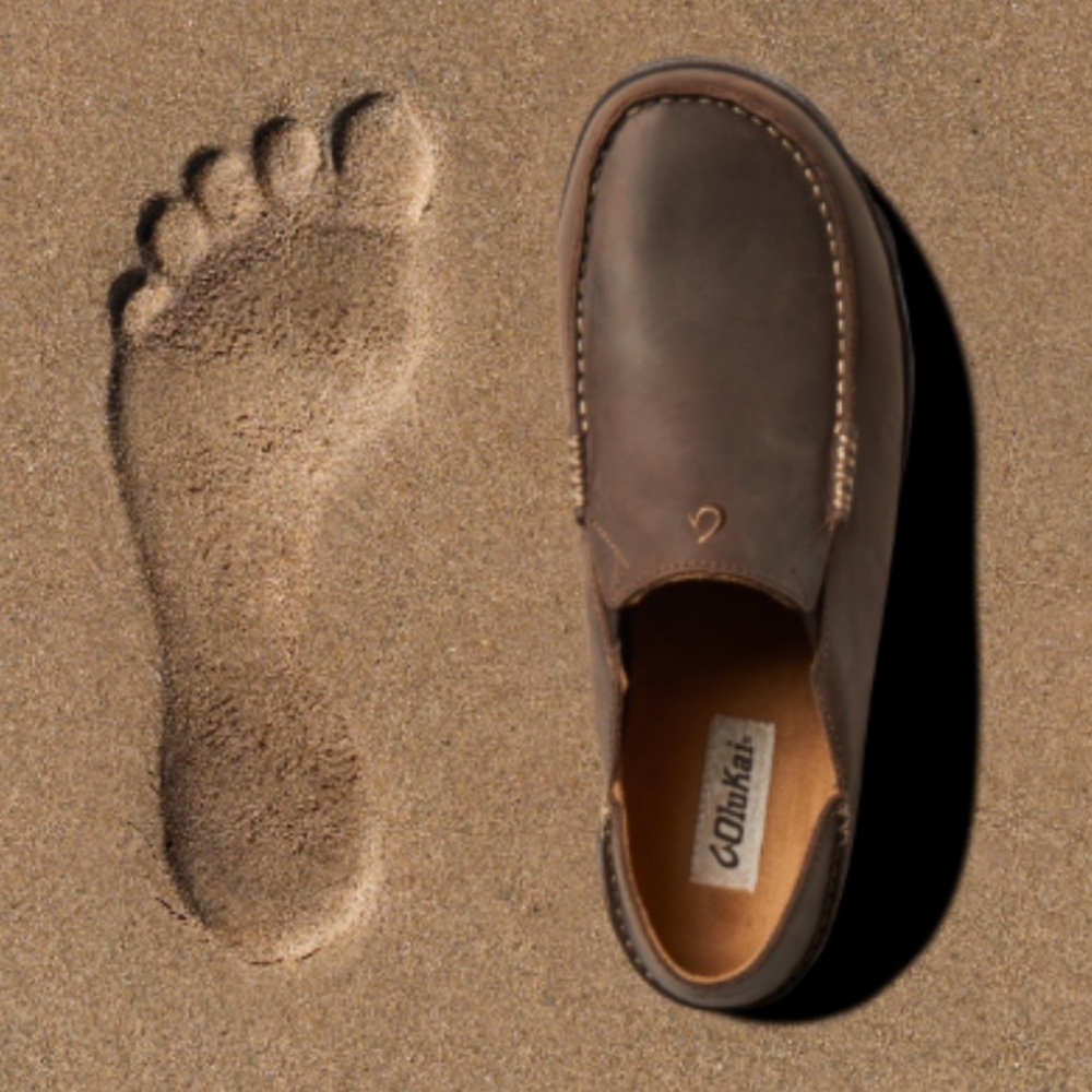 Olukai Moloa Boy's Leather Slip on shoe in a dark wood Color